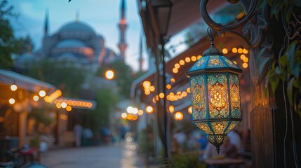 Traditional Ramadan lanterns hanging on a street in Istanbul, Turkey during the holy month of fasting and celebration - obrazy, fototapety, plakaty