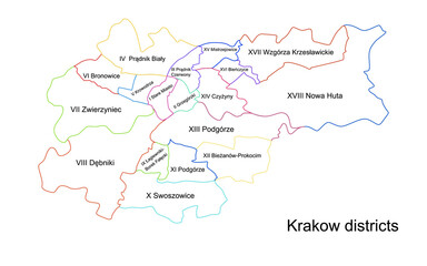 Vector map of Krakow and its districts. Highly detailed vector outline, black silhouette. All isolated on white background