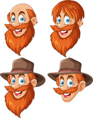 Four different emotions of a bearded character.