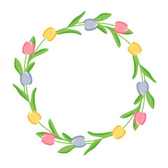 Gentle spring wreath of flowers. Easter round text frame. Tulips border decoration for holiday card