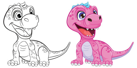 Colorful and outlined dinosaur characters smiling.