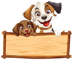 Foto op Plexiglas Kinderen Two cartoon dogs holding a blank wooden sign.