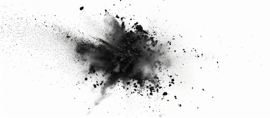 A monochrome photography art piece showcasing a black ink splash on a white background, resembling...
