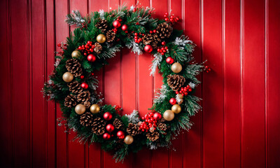 beautiful Christmas wreath on the door. Selective focus.