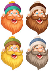 Four cheerful bearded men with different hats.