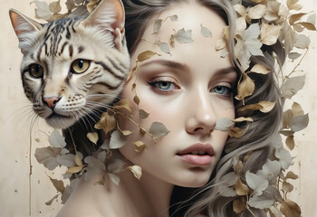 Collage style fashion portrait mixed a young beautiful woman and cat head with flowers isolated on gray