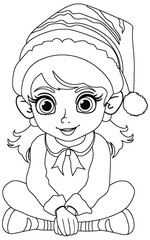 Black and white drawing of a girl wearing a Santa hat.