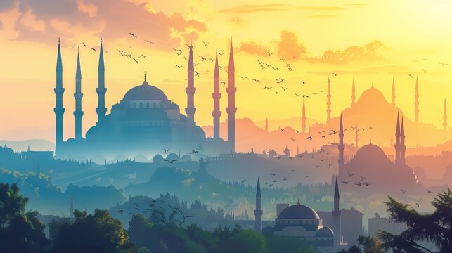 Fototapeta Istanbul skyline with Bosphorus bridge and blue mosque. Scenic view of Turkish capital city. Travel and tourism concept.