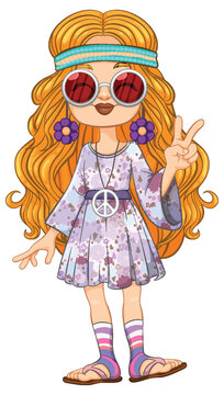 Cartoon of a girl dressed in colorful hippie attire.