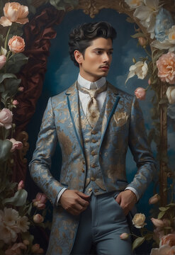Handsome man in victorian period style suit and flowers , renaissance aesthetic fine art