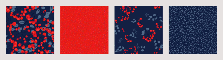 Bright red collage of set seamless pattern with stylized branches berries, creative shapes juniper, boxwood, viburnum, barberry, abstract print, random spots, polka dots. Vector hand drawn sketch.