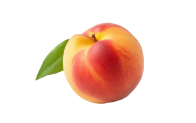Fresh Peach With a Green Leaf. A ripe peach with a vibrant green leaf resting on top, showcasing the natural colors and textures of the fruit.