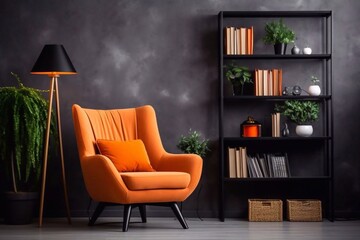 Beautiful and stylish interior. A bookcase with a chair in a modern room interior