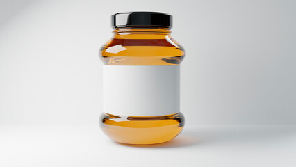 Transparent glass jar with copper metal cap and blank label filled by sweet honey on the podium...