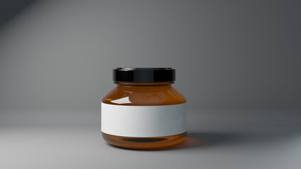 250 ml honney jars with black rectangle and hexagon paper label in front plate on white solid...