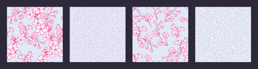 Pastel blue collage of set seamless patterns with stylized blooming tiny wild branches flowers, texture shapes, random spots, polka dots. Vector hand drawn sketch. Templates for design, printing