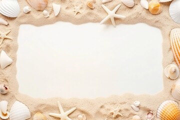 Fototapeta na wymiar Capture allure of beach relaxation from higher vantage point. Top view of shells and starfish come together in tropical display on sandy beach. Utilize the empty frame for text or promotional content