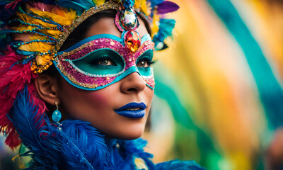 portrait of a woman in a mask at the Brazilian carnival. Selective focus.