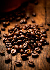coffee and coffee beans on the table. Selective focus.