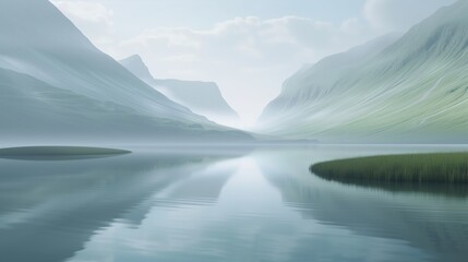 calming rhythms, serene mountain landscape reflected in calm lake waters at dawn, misty and peaceful soft light