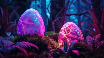 Illuminated Easter Eggs in the Serene Forest Setting
