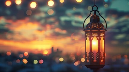 Ramadan Kareem - traditional Arabic lantern with candlelight and sparkling background - celebration of Eid Ul Fitr