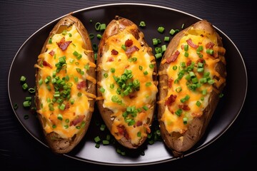 
Delicious baked potatoes with bacon, green onion and cheese. Dish for dinner. Close up view. Top view, flat lay