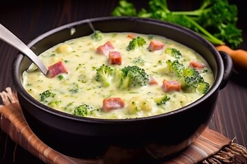 Delicious Cheesy Broccoli and Kielbasa Soup in a pot on a black wooden table, horizontal view from above