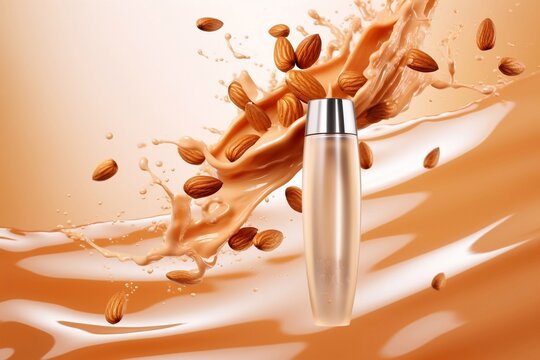 Delicious almond shampoo with drops on background, flying objects. Beautiful design of advertisement of cosmetic products for catalog, magazine.