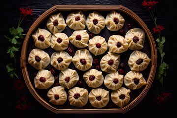 Dumplings, filled with cherries, berries. Pierogi, varenyky, vareniki, pyrohy - dumplings with...