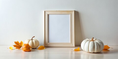 Photo frame and white pumpkins. Mockup Copy space for artwork. Autumn decor in interior
