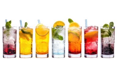 A Row of Glasses Filled With Different Types of Drinks. A lineup of various drinks in glasses is displayed on a table, showcasing a diverse selection of beverages.
