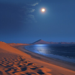 Un paysage de la cote avec une mer, une plage de sable, et une montagne au loin, bleuté en début de soirée, nuit avec une pleine lune lumineuse 