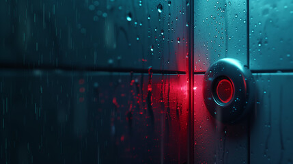 Futuristic Surveillance Camera with Red Light in Rainy Setting, Protecting information and data...