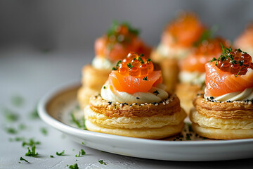 mini Tartlets with cream cheese salmon and caviar - obrazy, fototapety, plakaty