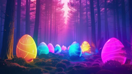 Zelfklevend Fotobehang Neon Easter Eggs Adding Splashes of Color to the Forest Landscape © Rafhan Aldiz