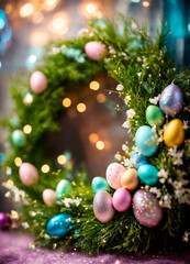 Fototapeta na wymiar beautiful Easter wreath decor. Selective focus.