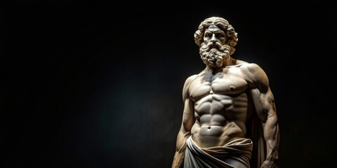 standing greek statue of philosophy with beard and muscle, cinematic, 8k, dark background