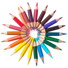 set of colored pencils in the form of a color wheel, isolated on transparent background