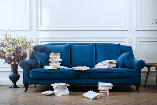 Sofa with piles of books in a classic interior