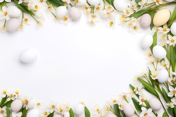 Beautiful spring flat easter frame with spring flowers and eggs on white background