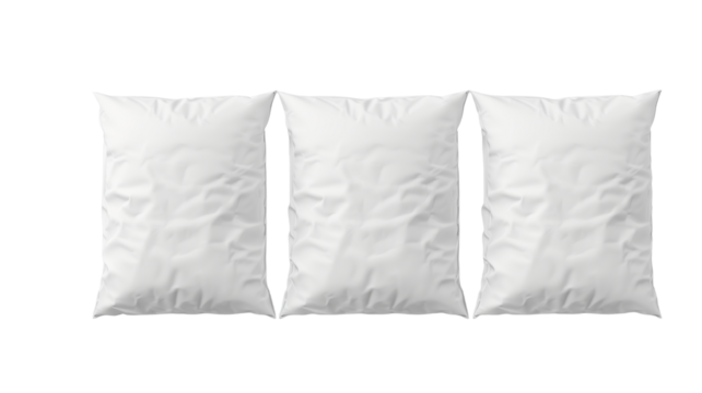 three simple rectangular white bed pillows, isolated on transparent background