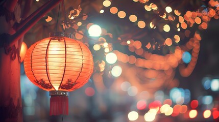 Colorful lanterns with sparkling bokeh effect in night sky