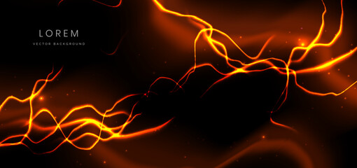 Abstract technology futuristic glowing neon orange lightning light effect  on black background.