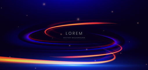 Obraz premium Abstract futuristic curved glowing neon blue and orange light ray on dark blue background with lighting effect.