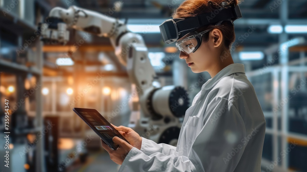 Poster Engineer using tablet with machine real time monitoring system software in smart factory automotive industrial Industry. Automation robot arm machine. welding robots. Generative AI.