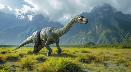 Fototapeta premium Solitary Apatosaurus standing in a grassy plain with dramatic mountains and cloudy sky, ai generated