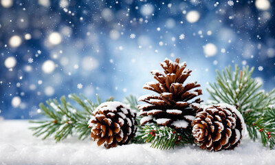 Fototapeta na wymiar fir branch and pine cones for Christmas. Selective focus.