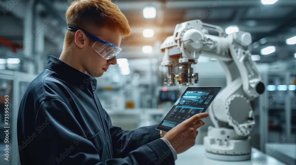 Poster Engineer using tablet with machine real time monitoring system software in smart factory automotive industrial Industry. Automation robot arm machine. welding robots. Generative AI.