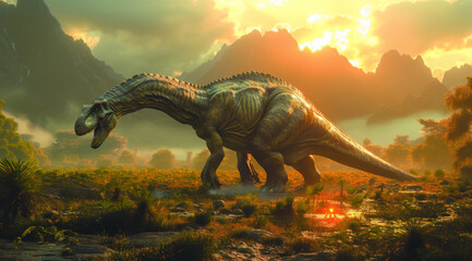 Spinosaurus silhouette against a tropical backdrop and a vivid sunset over mountains, ai generated
